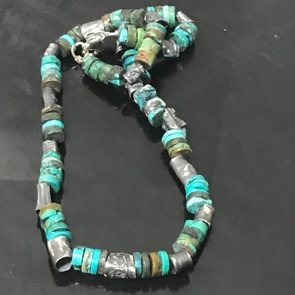 Genuine Turquoise Sterling Silver Necklace Heishi Beads Antique Sustainable 925 - Picture 1 of 8